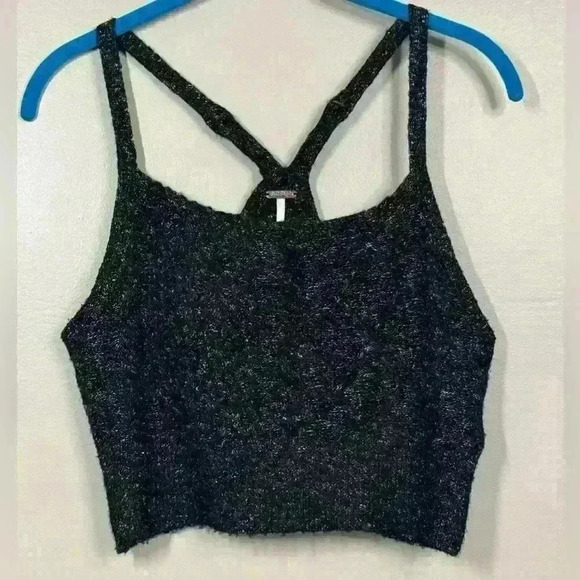 Free people black noir knit cropped tank sweater adjustable button straps small - Picture 1 of 8